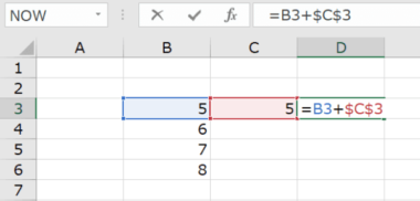 Excelでの足し算で絶対参照をつかうパターン（参照を固定したいセルに＄マークをつけて絶対参照にする）