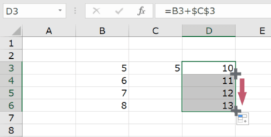 Excelでの足し算で絶対参照をつかうパターン（オートフィル機能で数式をコピー）